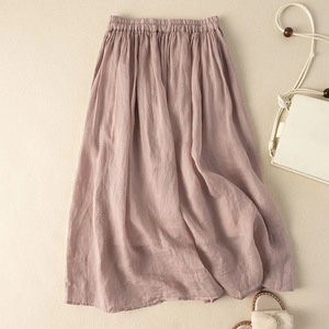 <b>Elastic</b> Waist Midi <b>Skirt</b> Cotton Linen Straight Minimalist Women's Breathable Solid Color Hip Concealing Mid Length - Product Image 3
