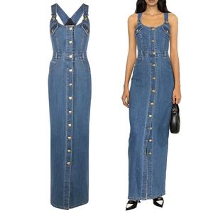 ShanLai Custom <b>Lady</b> <b>Overall</b> Denim Dress/OEM Halter Sleeveless Maxi Jean Dress for Women - Product Image 1