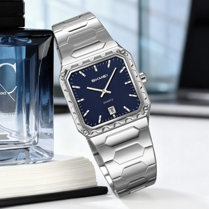 Montre pour homme en acier inoxydable noir et or personnalisée, quartz, 3 BAR, étanche, cadran carré, lumineux, simple, minimaliste, analogique - Product Image 1