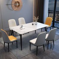 Table à manger rectangulaire moderne en pierre frittée avec pieds en métal noir et embouts dorés 1 table + 6 chaises Options multi-tailles pour la salle à manger