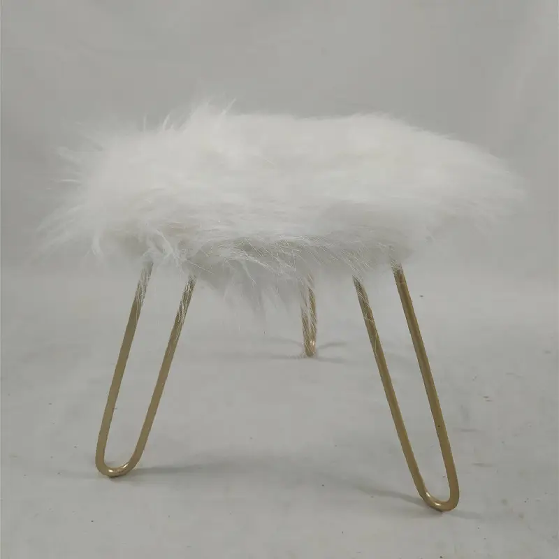 Metal legs round stool KD ottoman with white long fur cover