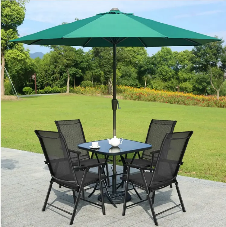 Outdoor Furniture Folding Patio Courtyard Garden Restaurant Plastic Rattan 4 chairs Table Sets With Umbrella