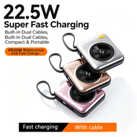 Mini Power Bank Mignon 10000mAh avec 2 Câbles Intégrés, Charge Rapide PD 22.5W, Sortie USB-C, Chargeur Portable Léger avec Affichage Numérique