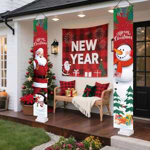 Couplet de porte de Noël intérieur/extérieur avec Père Noël et bonhomme de neige de dessin animé, 30*180cm, avec tringle de suspension incluse, décorations de fêtes - Product Image 1