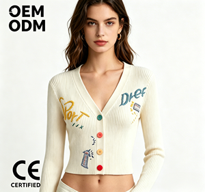 <span class=keywords><strong>Cardigan</strong></span> da Donna Color Crema con Scollo a V, Maniche Lunghe, Vestibilità Slim, Corto, a Costine, con Ricamo a Lettere, per Uso Quotidiano Casual - Product Image 1