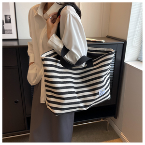 Borsa Tote da Donna Portatile in Tela di Cotone con Trasferimento Termico, Grande Capacità, Strisce, Chiusura a Cerniera, Media per Viaggi - Product Image 5