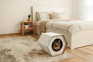 Kartonnen kattenhuis voor binnenkatten - Opvouwbare zeshoekige box <span class=keywords><strong>condo</strong></span>, lichtgewicht & duurzaam, modern wit design (40 cm x 31,5 cm) - Product Image 3