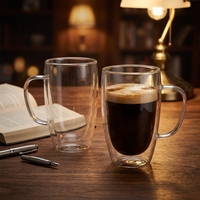 Tasse à whisky/bouteille à café à double paroi de 16 oz avec logo personnalisé très populaire, tasse en verre à double paroi avec poignée
