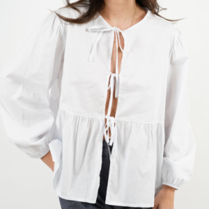 Blusa de Gingham Roja y Blanca para Mujer al por Mayor, Top Peplum con Lazo Triple en la Parte Delantera, Camisa de Chifón con Mangas Largas Abullonadas - Product Image 5