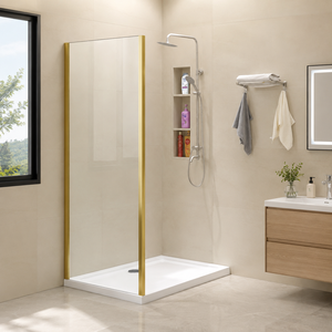 <span class=keywords><strong>Box</strong></span> <span class=keywords><strong>doccia</strong></span> angolare su misura con telaio oro spazzolato e pannello in vetro temperato satinato per bagno di villa - Product Image 1