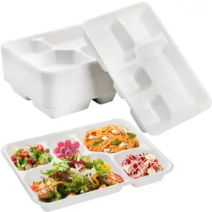 Eco-Friendly White Natural Biodegradable Rectangular Divided Plates Disposable 5-Compartment Compostable Paper Plates