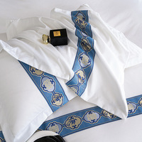 Ensemble de literie de luxe pour hôtel, 100% coton, 6 pièces, blanc et bleu, ruban jacquard, hôtel 5 étoiles, lit queen et king, vente en gros, OEM, logo personnalisé