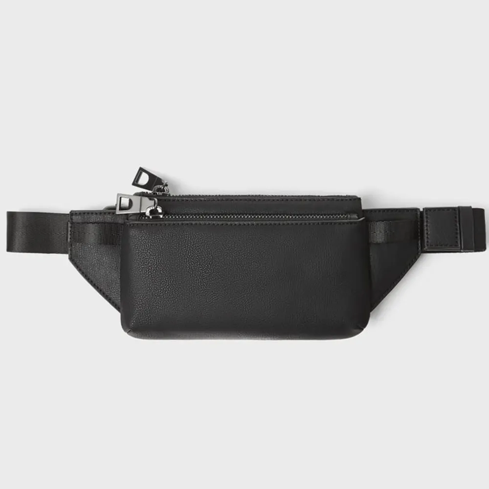 Custom OEM Double Zip Bum Pouch For Man Black Pu Leather Mens Fanny Pack Waist Belt Bag