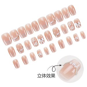 Fait à la main été fille crème Style Icey doux nœud papillon français Nail Art fini amovible portable ongles - Product Image 4