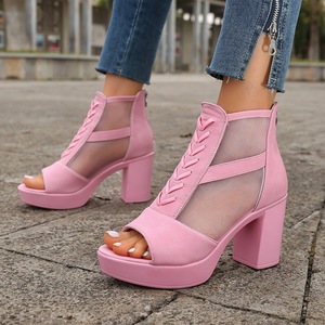 Botines de mujer con punta abierta, de malla, con tacón alto de bloque y plataforma, cremallera trasera, estilo sandalia con recortes, para verano - Product Image 5