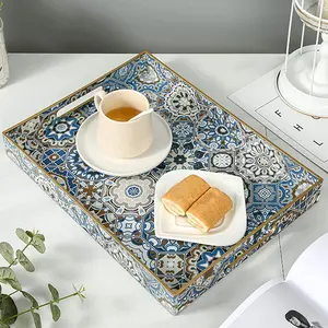 Bandeja de plástico para servir comida, bandeja retangular estilo boêmio de 40x30 cm, mesa de café com otomano, bandeja decorativa de serviço