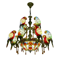 Lustre en verre teinté en forme de perroquet, 10 lumières à intensité variable, suspension dorée, luminaire vintage en mosaïque d'oiseaux pour salon/restaurant