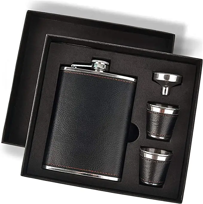 Black Leather With Hip In Wooden Box Pink Alcohols And Mug Flask Gift Set