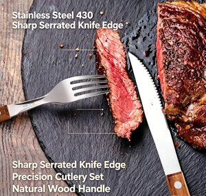 Ensemble de couverts en acier inoxydable 18/0 poli miroir avec manche en bois de hêtre, style européen, couteau à steak et <span class=keywords><strong>fourchette</strong></span> pour restaurant - Product Image 5