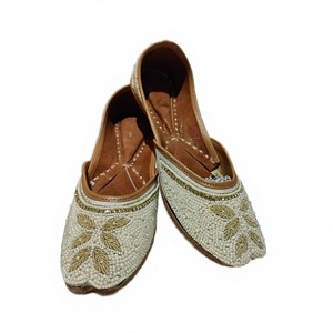 Pearl Embroidered <b>Leather</b> Juttis Women Traditional Flat Walking <b>Shoes</b> Round Toe <b>Slip</b> <b>on</b> Ethnic Casual Footwear - Product Image 4