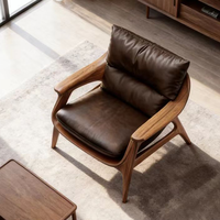 Fauteuil de loisir en bois massif, fauteuil lounge en cuir véritable, style design, salon, hôtel, balcon, canapé simple de luxe