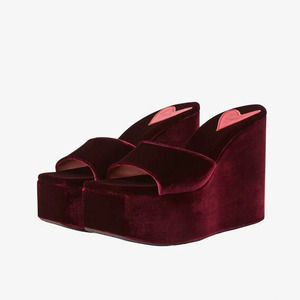 Thick <b>Platform</b> Smooth Pleuche Shoes Women's Outdoor Slides High Wedge <b>Heels</b> Retro <b>Open</b> <b>Toe</b> Sandals Solid Color Slippers - Product Image 4