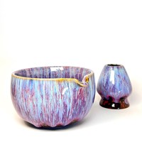 Ensemble de bols à matcha en céramique faits à la main de style japonais-Glaçure bleue violette, bec verseur et support de fouet