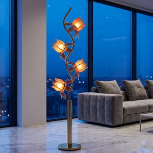 Lámpara de pie floral decorativa, brazo de metal ondulado en forma de S, 4 pantallas de cristal artístico con diseño de loto, luz cálida para crear ambiente - Product Image 1