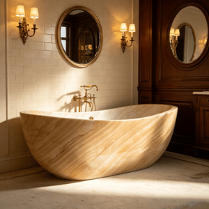 Bañera Independiente de Piedra Arenisca con Acabado Natural de Madera, Bañera Ovalada de Mármol Sólido de Lujo para Decoración de Baños de Hoteles y Villas - Product Image 3