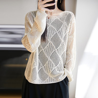 Chemisier en lin à col Y2K, manches lanternes longues, motif losanges ajourés au crochet