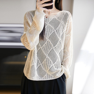 Blusa de Crochê Vazado com Gola de Linho, Manga Lanterna Longa e Detalhes de Diamante, Estilo Y2K - Product Image 1