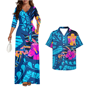 Conjunto de <span class=keywords><strong>ropa</strong></span> a juego para parejas con estampado Tapa Samoano Azul Rey: Vestidos maxi de verano con cuello en V para mujer y camisas hawaianas para hombre, ideales para la iglesia. - Product Image 4
