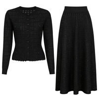 DMS020 Nouvelle collection automne Ensemble cardigan en maille à manches longues orné de strass et jupe au-dessus du genou pour femme