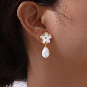 18K PVD Gold Mother of Pearl Clover Teardrop Pearl Jewelry <b>Set</b>: <b>Bangle</b> Bracelet & Dangle Earrings | Waterproof & Hypoallergenic - Product Image 2