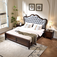 Lit double en bois massif démontable de style campagnard américain vintage 1800x2000mm avec tête de lit rembourrée en cuir pleine fleur