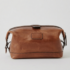 Étui à cosmétiques en cuir de taille moyenne, style vintage, avec fermeture éclair, poignée souple, durable et portable pour les voyages - Product Image 1