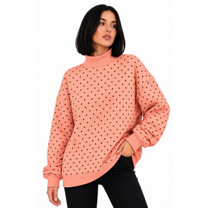 Wholesale Women Oversized Turtleneck Sweatshirt Polka Dot Print <b>Drop</b> Shoulder Long Sleeve Knitted Cotton Autumn Style - Product Image 1