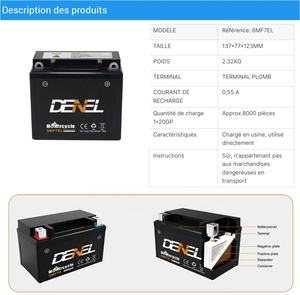 Batterie de démarrage pour <span class=keywords><strong>moto</strong></span>/scooter DENEL 6MF7E 12V 7Ah AGM au plomb-acide - Remplacement économique - Product Image 6