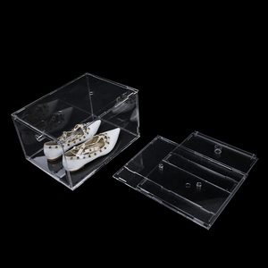 Custom shoe display case clear foldable plastic acrylic stackable drop front high heel sneaker shoes display storage box