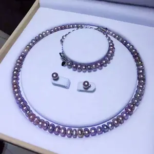 7~8mm button round Natural Freshwater Purple color Pearl Jewelry Set for wedding Factory Price