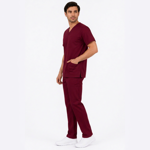 Men's <b>Maroon</b> Scrub Set Premium Cotton Polyester Woven Fabric Hospital Uniform Pants V-Neck <b>Top</b> Medical Workwear Wholesale - Product Image 1