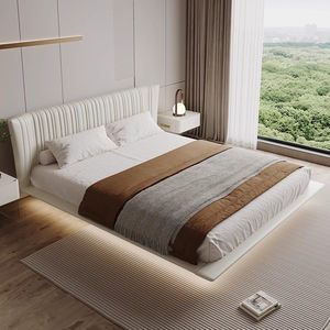 Juego de cama flotante moderno en forma de concha, cama de cuero tapizado de diseñador de estilo crema, marco de cama King de Hotel de lujo con luz - Product Image 5