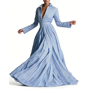 Vestido Camisero Largo a Rayas Azules y Blancas para Mujer, con Botones, Manga Larga, Cinturón, Estilo Casual, Moda Sehe - Product Image 2