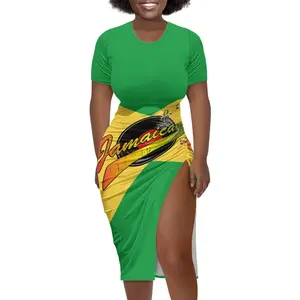 牙买加3D国旗印花性感无袖狭缝女装掉落送货牙买加百褶紧身优雅连衣裙女士