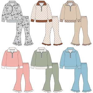 Ensemble fille, nouveau design, pull polo, pantalon évasé à volants, vêtements assortis pour enfants - Product Image 2