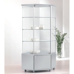 Vitrine d'angle moderne 73x73x180cm, cadre en aluminium gris clair, étagères en verre trempé, portes verrouillables - Product Image 1