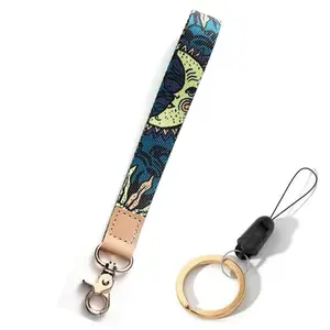 Lanyard gantungan kunci rantai sapi cetak, gantungan kunci tali pergelangan tangan untuk wanita pria, gantungan kunci mobil pemegang kartu lencana ID, gantungan kunci telepon Lanyard