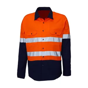Hot Sale High Visibility 100% Cotton Drill Orange / Navy Two Tone Hi Vis Coal Mining Long Sleeve Reflective Safety Work Shirt