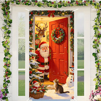 Bannière de Noël pour porte d'entrée – Père Noël, Elfe, Renne, Bonhomme de neige, Chat – Design rouge pour porte – Décoration de fête de Noël pour porche, cour et maison