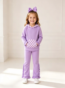 Ensembles de sweats à capuche personnalisables pour petites filles, hauts à manches longues à carreaux avec poches et pantalons à volants, tenues décontractées 2 pièces - Product Image 5